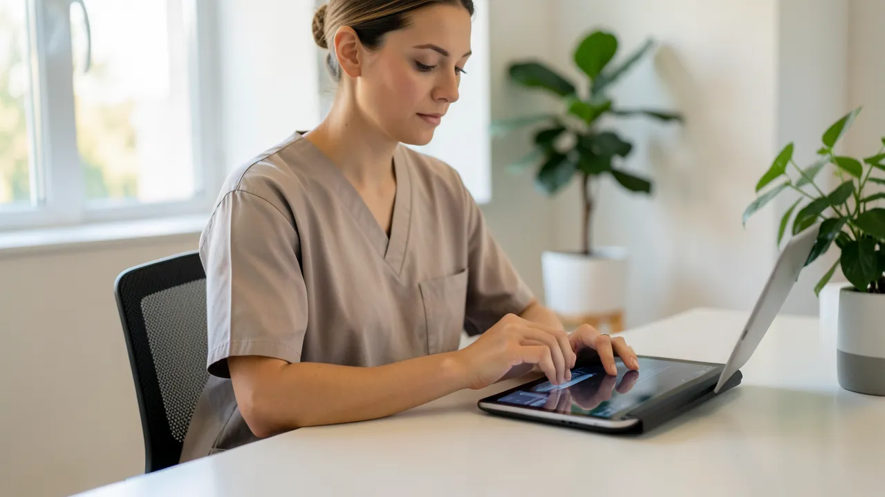 Eine medizinische Fachperson sitzt in einer modern eingerichteten Klinik an einem sauberen Schreibtisch und betrachtet ein Tablet, mit weichem natürlichem Licht und Tiefenschärfe im Hintergrund.